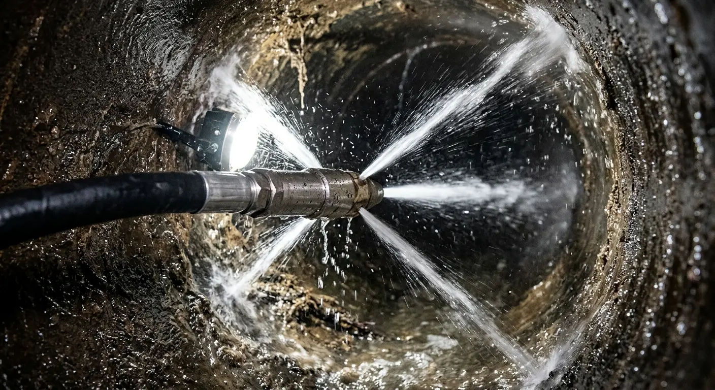 High-pressure hydro jetting nozzle cleaning sewer pipe for Sewer Cleanout in Pompano Beach