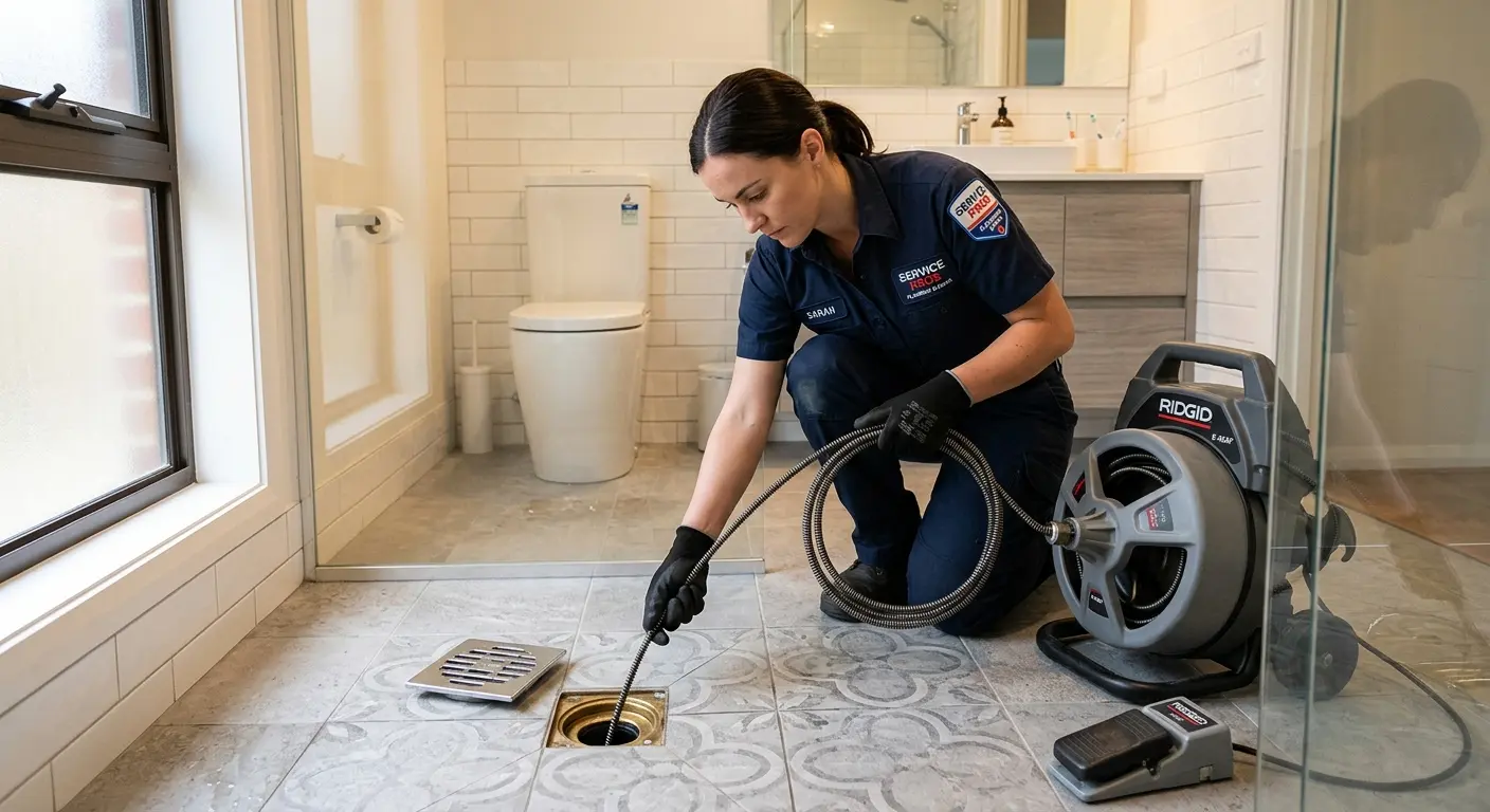 Technician clearing a bathroom floor drain for Hydro Jetting in Pompano Beach